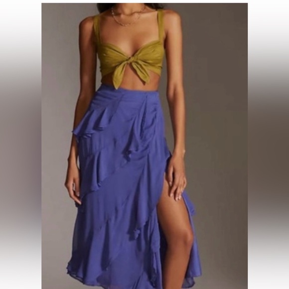 NWT Anthropologie size 2 A-line ruffle slit midi skirt in blue - Picture 1 of 9